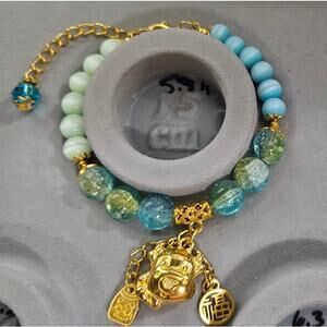 Blue Green Wire Beaded Bracelet w Chinese Good Luck Charms #611